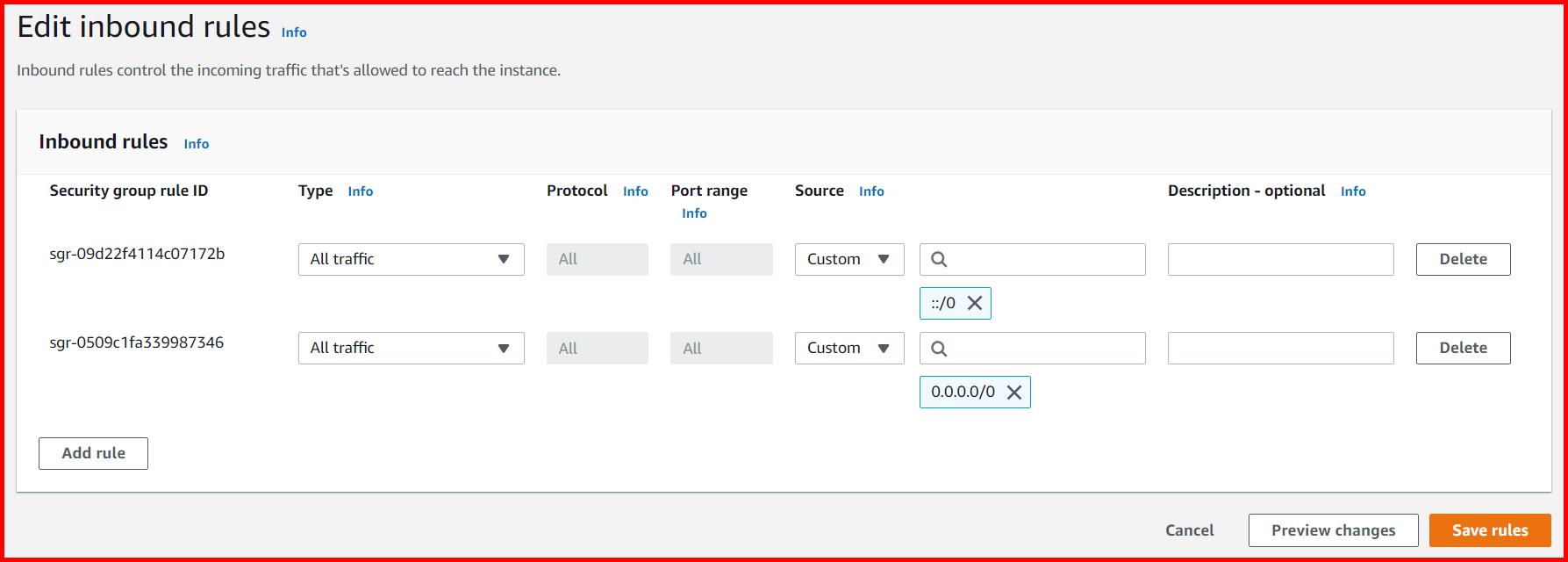 Picture showing the new security group created in AWS console